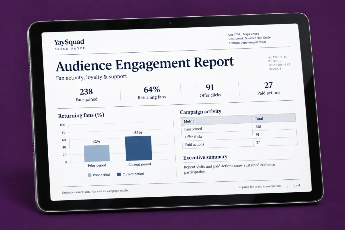 Angled landscape tablet displaying a sample YaySquad Audience Engagement Report: fan activity, loyalty and support, with returning-fan comparisons and an executive summary.