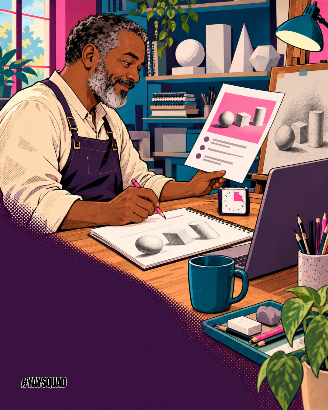 An older drawing teacher checking an invitation beside his prepared lesson materials