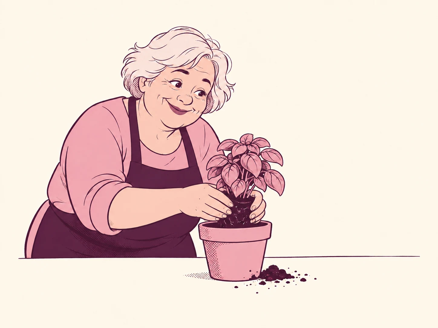 An older gardening creator repotting a plant with a little soil spilled on the table