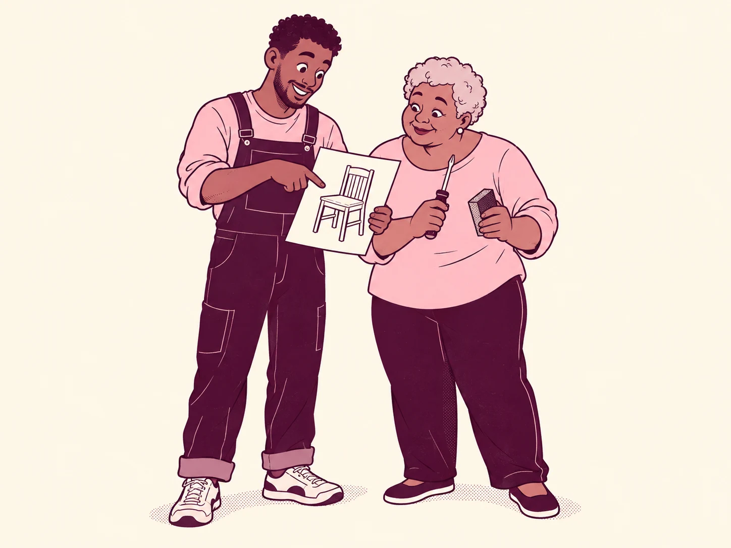 A furniture-restoration creator explaining a chair repair to an older fan