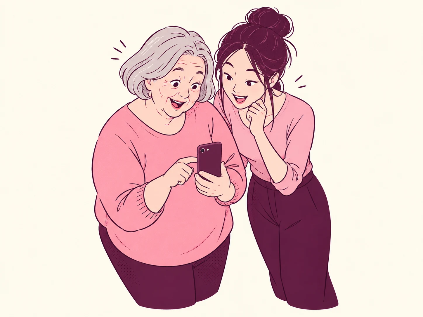 Two fans enjoying a post together on a phone