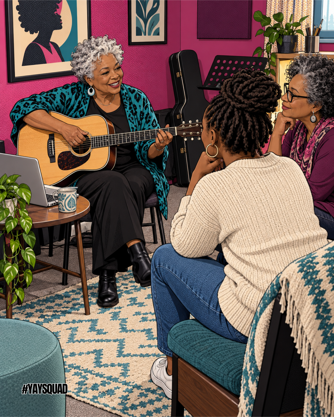An older musician playing guitar for two adult fans in a pink rehearsal room