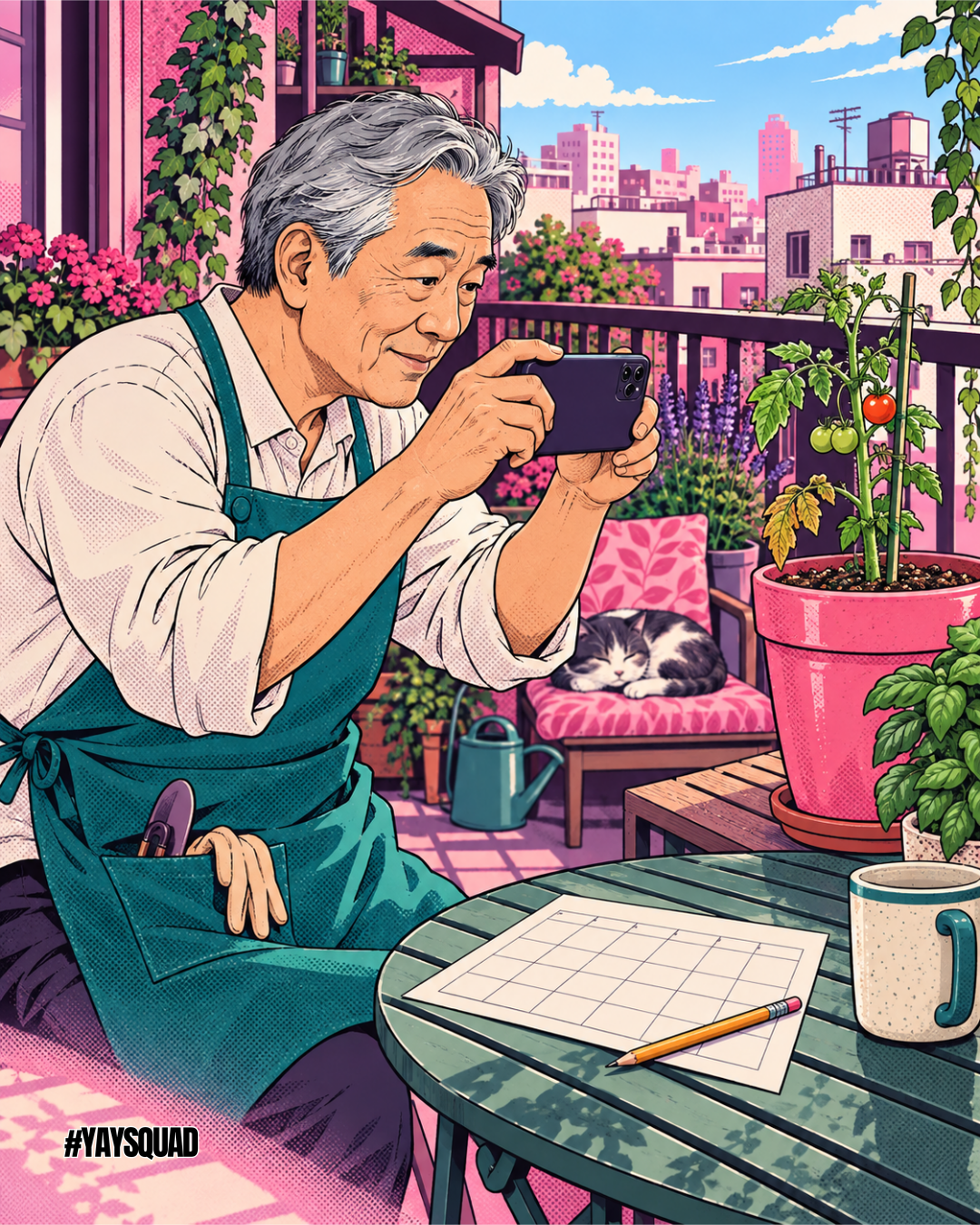 An older balcony gardener photographing a tomato plant beside a calendar and pencil