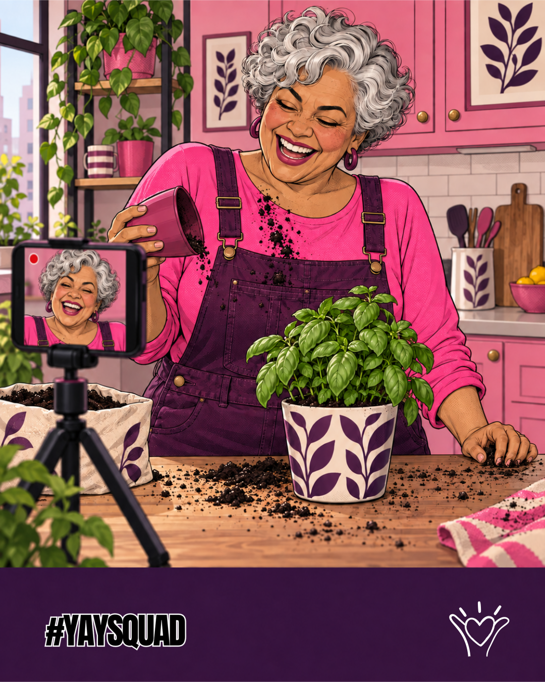 A gardening creator laughing after spilling soil while filming a basil repotting demonstration