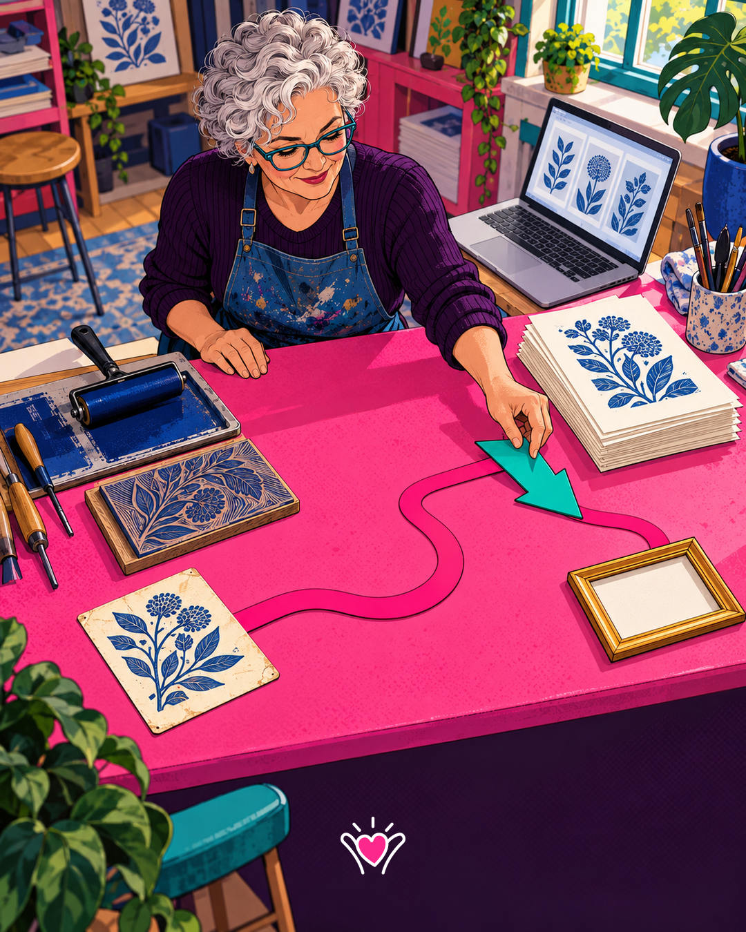 An older printmaker traces an old workshop invitation to an empty frame while her current prints sit nearby