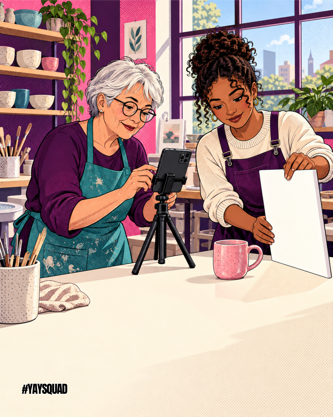 An older potter and a photography teacher setting up a phone photograph of one handmade mug