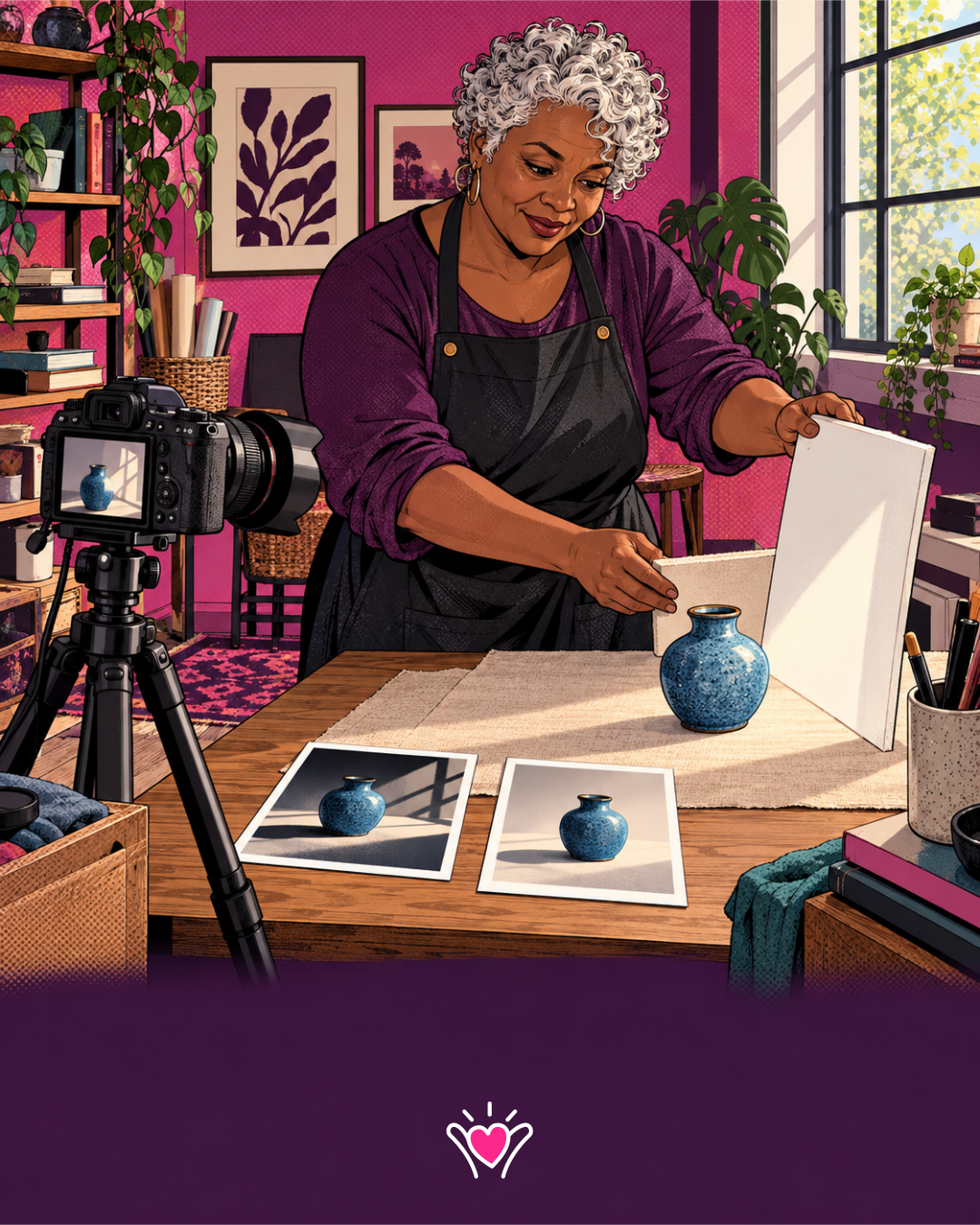 An older photographer moving a white reflector beside a blue vase and comparing two photographs
