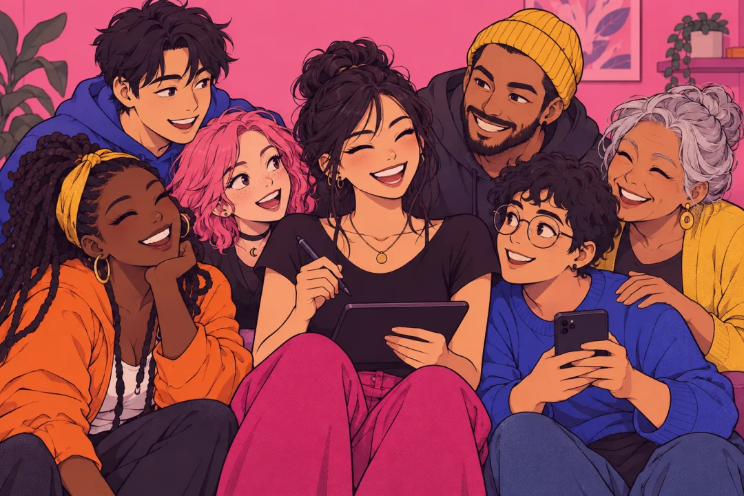 Illustration of a smiling creator surrounded by fans of different ages at a meetup