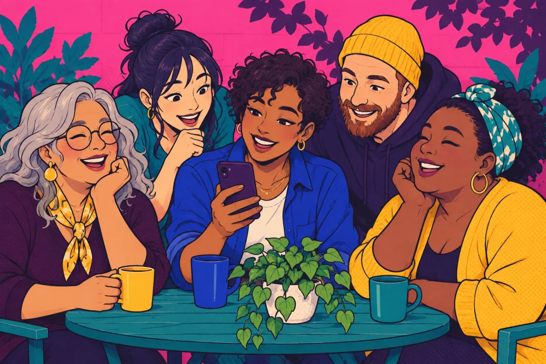 Illustration of a creator and smiling fans sharing a moment around a phone